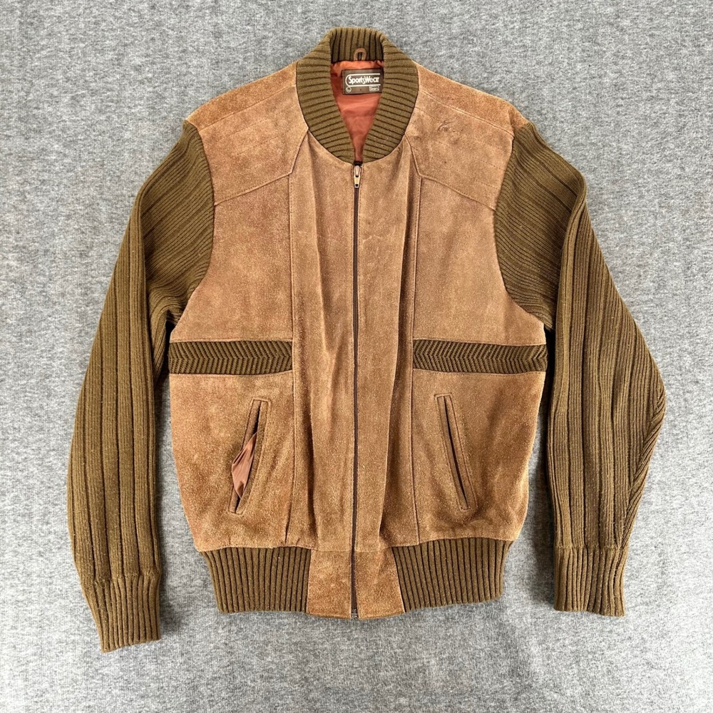 Vintage Sears Sportswear Mens Brown Suede Knit Bomber Jacket Large Mixed Media